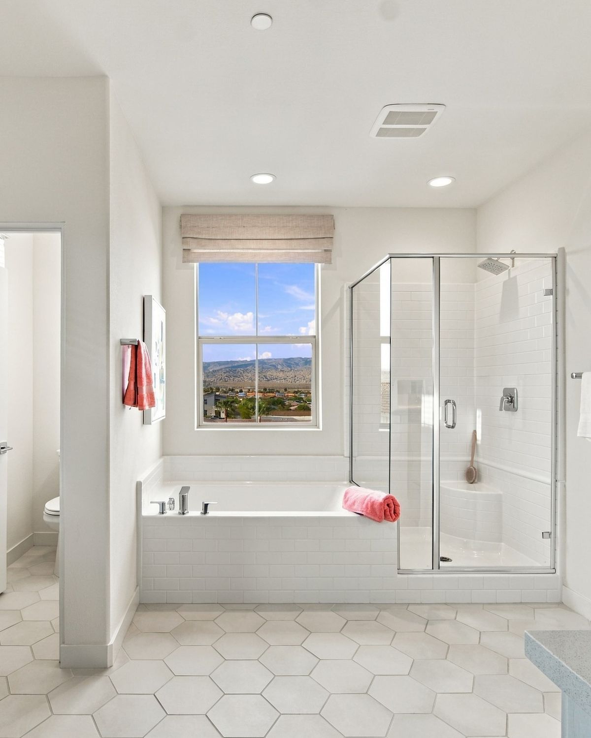 Primary bathroom with soaking tub, glass shower and mountain view window