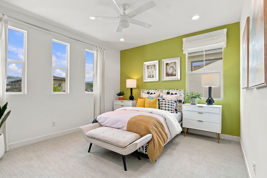 Bedroom with lime green accent wall
